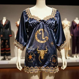 the film still photographed image is a haute couture sleepwear ensemble from the 1 9 0 0 s. this piece was inspired by the zodiac sign of taurus. the ensemble is displayed on a plump mannequin in the exhibit. vibrant cinematography, anamorphic lenses, upscale, hyper realistic photo, crisp, detailed image in 8 k resolution.