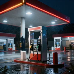 a gas station at night, it's raining, dark, 8K, ultra photoreal, ultra detailed, hyperdetailled, volumetric lightvolumetric light, vray render, cinema 4d, unreal engine 5