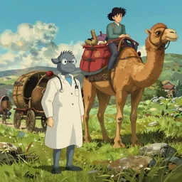 hyperrealist cell - shaded studio ghibli cartoon of a grey scientist and a giant camel caravan from howl's moving castle ( 2 0 0 4 ), wide shot, hq depth of field.