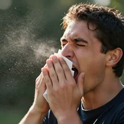 Man sneezing. Still photograph. F4.0 shutter speed 1200 iso 1600 outdoor backlit studio lighting water droplets frozen in the air, photorealistic, dramatic, award winning, intricate details, 8K