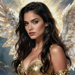 closeup portrait shot of a beautiful ana de armas, fallen angel, evil, sensual, fancy, luxurious, elegant, sharp focus, warframe, illustration, thomas kinkade, tomasz alen kopera, peter mohrbacher, donato giancola, leyendecker, boris vallejo, john howe, da vinci, beautiful ethereal landscape in the background