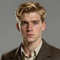 A videogame portrait of a blond young Irish man with high cheekbones. Good bone structure. Dressed in 1940s style. Highly detailed, fine Art, high detail, great lighting, 8k resolution, masterpiece, concept art, illustration, clear eyes, painting oil on canvas, octane render, HDR, trending on artstation, 4k, 8k, HD