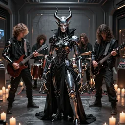 cyberpunk black metal band, guitarists, bassist, drummer, vocalist, all black cyberpunk clothes, robotic prosthetic limbs, dermal implants, cyborg satan, futuristic, realistic, promo photograph, epk, in a room full of candles, high quality, highly detailed