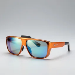product photography, full shot, 3 5 mm lens, of a holographic orange metallic and blue metallic shiny ergonomic augmented reality glasses with hololens as off bertone mantide ( 2 0 0 9 ), holographic display lenses, studio lighting,