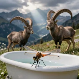 dragonfly in a bathtub in the alps, big ibex!! in the background