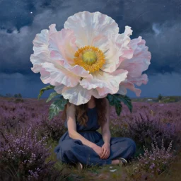 closeup, huge flowers as head, woman sitting in heather field, surreal photography, starlight, storm clouds, impressionist painting, digital painting, artstation, simon stalenhag