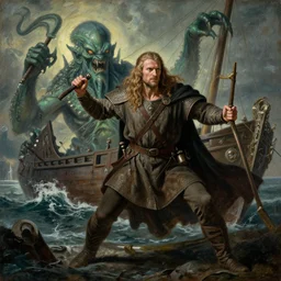 a portrait of hun - norse man, surviving a shipwreck while fighting cthulhu, medieval style painting