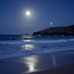 moonlit waves on the shore with longship's lighthouse, cornwal, land's end, by albert julius olson