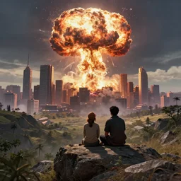 a couple sitting on top of a rock covered serene hillside watching a bright nuclear explosion nuclear explosion in a city with skyscrapers, a detailed matte painting, apocalyptic art, sharp focus, cgsociety, fantasy art, cinematic, artstation hq, vfxfriday, dystopian art