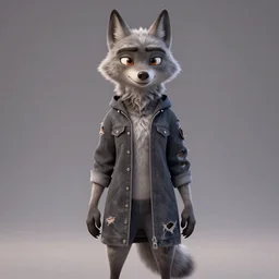 portrait, 3d render , anthropomorphic wolf female, wearing a torn knee langth jacket , in the style of Zootopia
