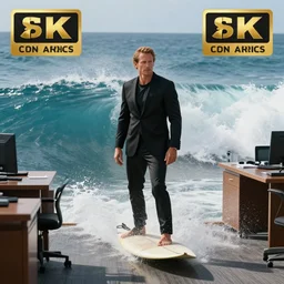 full body portrait, white man in black suit surfs in office, ocean wave, furniture around, business surrounding, dslr, insane details, hyper reallistic, 8 k,, ultra clear detail, hdr, textured, award winning, professional photography