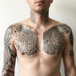 man with circuit-pattern tattoos