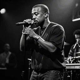 A photo of Kanye West performing at a jazz club, black and white, 8K concept art