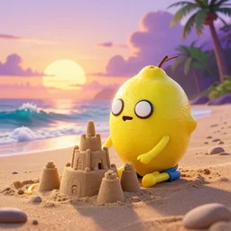 3 d octane render, of an anthropomorphic lemon female character inspired by cartoon adventure time, simpsons, monster. inc, with lemon skin texture, she is wearing a hat, building a sandcastle on the beach at sunset, beach, huge waves, sun, clouds, long violet and green trees, rim light, cinematic photography, professional, sand, sandcastle, volumetric lightening