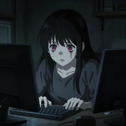anime girl staring from inside the computer, creepy, uncanny, ominous