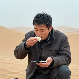 asian man eating rice in the desert while its raining and snowing