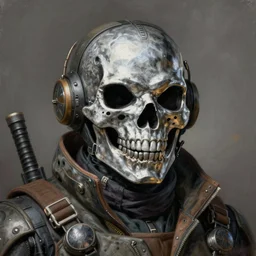 portrait painting of a dieselpunk mercenary with a smiling silver skull mask, sharp focus, award - winning, trending on artstation, masterpiece, highly detailed, intricate. art by josan gonzales and moebius and deathburger