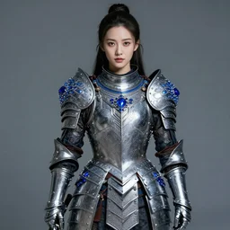 photo of a real-life beautiful warrior with sapphire encrusted armour