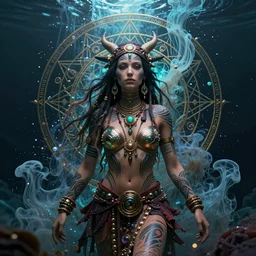 a centered render of an mytical festival hippy with tribal tattoos wearing intricate metallic clothing surrounded by a underwater ink pour and flowing liquid gallium and sacred geometry, perfect body and face, gorgeous, cinematic, beautifully lit, by tim okamura, by karol bak, by donato giancola, 3 d, trending on artstation, octane render, 8 k