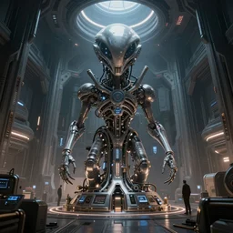 large alien supercomputer, scifi room, machines, illuminated, futurism, atmosphere, cinematic, artstation, highly detailed, art by amir zand and max schiller