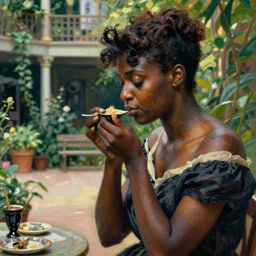 vintage beautiful painting of a beautiful black woman sniffing 💐 in an overgrown sa atrium in Mary Cassatt style