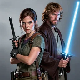 Ellie from the Last of Us holding as Obi-Wan Kenobi from Star Wars, holding a lightsaber, digital portrait by Greg Rutkowski, intricate, sharp focus, cinematic, epic, artstation
