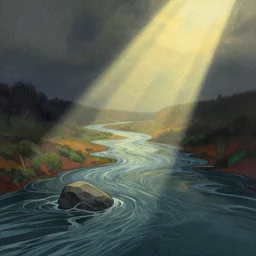 abstract, illustration by karolis strautniekas and mads berg, reality melting into rivers, colorful, fine texture, detailed, muted colors, film noir, dramatic lighting, dynamic composition, vivid, matte print, wide angle, ( ( sunbeams ) ), moody, stippled light