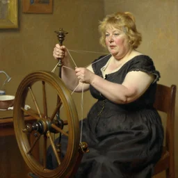 A 50 year old woman with blonde hair, slightly chubby, who looks like Barbara Streisand is spinning yarn on a spinning wheel, by john singer sargent
