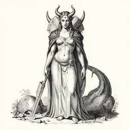 cait sidhe, as a demon from the dictionarre infernal, pen - and - ink illustration, etching by louis le breton, 1 8 6 9, 1 2 0 0 dpi scan, ultrasharp detail, hq scan, intricate details, stylized border