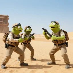 special forces muppets fighting in the desert. epic action movie production photograph.