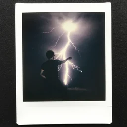 low wide angle, old polaroid of a man being hit by a lighting strike, black and white