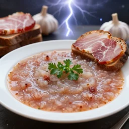 plate of borscht, brown bread with sliced salo, hyper realistic, extremely detailed, foodphoto, photorealism, garlic on background, side view, bokeh, epic lightning, yamy, leica 1 3 5 mm!!