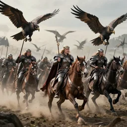 an army of valkyries riding griffins to battle.