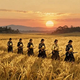 japan gold leaf art, 7 man each with katana walk through rice field, sunset
