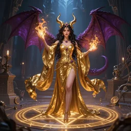 a beautiful witch in golden clothes standing inside a pentagram, summoning a powerful demon, artstation, colorful, detailed, fantasy digital art, beautiful composition, masterpiece, artstation