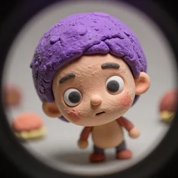 photo of a clay model of character with large spherical purple head and tiny eyes with comically tiny body and spindly limbs leans close to the camera, fish eye lens, 4 k, hyper realistic, hyper detailed face, octane render