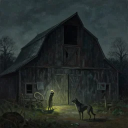 horror beautiful painting of dark barn, light coming from it, creature dog worm standing before it in the light by john harris.