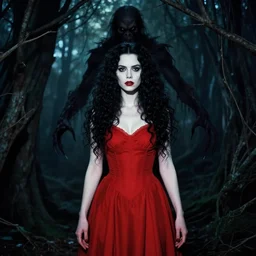 in the style of artgerm, john totleben, full body, pretty alyson hannigan, evil dead demon, evil dead movie, red dress, john totleben, symmetrical eyes, symmetrical face, long curly black hair, trees, forest, branches, cinematic lighting, evil dead creature, scary