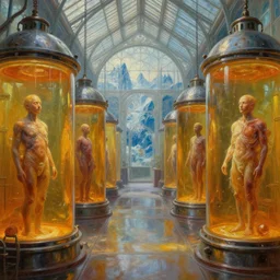 octane render, ultra photorealistic, hyper detailed, unreal engine, aisles of amber liquid hyperbaric chambers preserving human bodies, breathtaking sci - fi gothic victorian greenhouse terrarium artworkfaded tetrachromacy colors arctic background tim hildebrandt wayne barlowe bruce pennington donato giancola larry elmore masterpiece trending on artstation cinematic composition beautiful lighting hyper detailed!!! 8 k oil on canvas