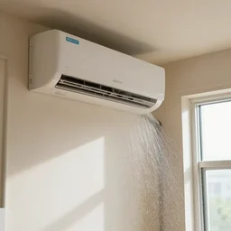 an air conditioner above a window in a teenager's room leaking dirty water