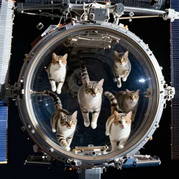 Photo of cats floating inside the International Space Station, highly-detailed 4K award-winning