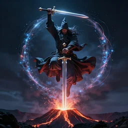 levitating wizard wielding a sword, opening a shining portal, night sky, horizon of an erupting volcano, 4 k, ultra realistic, detailed, epic lighting, high detail, masterpiece, trending on artstation