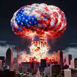 red, white and blue nuclear explosion over a city on the fourth of july in the style of m. c. escher, junji ito and beeple, patriotic, mushroom cloud, american flag, 8 k resolution