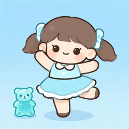 a cute doll dancing with a jelly bear, low brow illustration