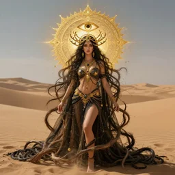 a beautiful depiction of the goddess Lilith, entangled with a desert landscape, mystical third eye, golden and black filigree aura, occult, stunning