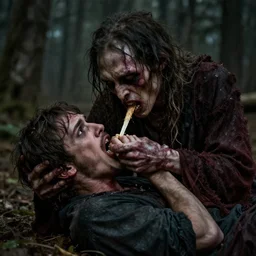 a cannibal eating a scared human