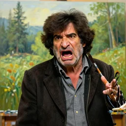 bob ross is sad and angry and yelling at a huge nature painting by bob ross