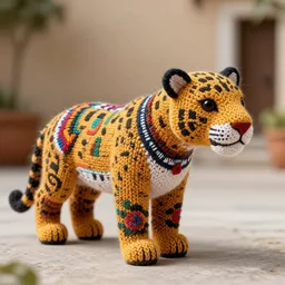 a wool knitted jaguar in huichol mexican art style