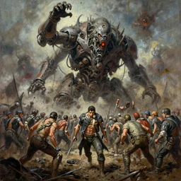 oil painting of 3 0 0 0 battle - panorama dialysis bolus embedded in muck infused plague pushing nightmare machine, by jack kirby, alberto bontempi, shigeru komatsuzaki, wayne d barlowe, alex ross, enric torres, simon bisley & boris vallejo, hyper realism, cinematical, narrative light, muted colors, epic, very dirty, very filthy