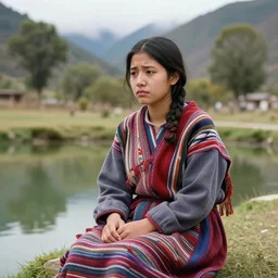 young woman, wearing Inka clothes, sad expression, sitting at a pond, mountainous area, trees in the background, trending on artstation